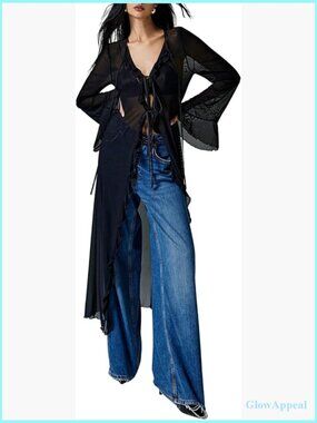 Bell Sleeve Mesh Tie Front Tunic Goth Y2K Blouse Sheer Party Top